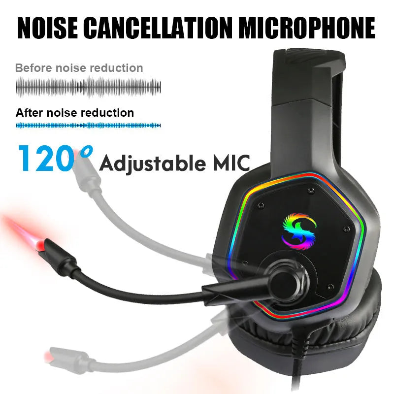 Black gaming headset with 3D surround sound, noise canceling microphone, and colorful LED lights on over ear pads