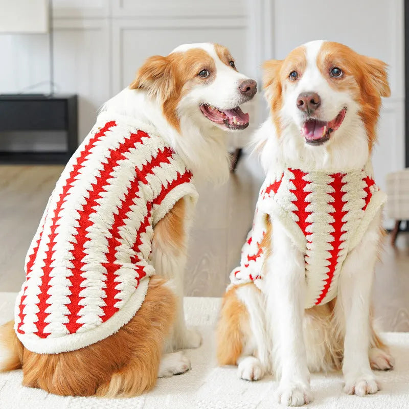 Golden retriever wearing caramel polyester fleece pet clothing with chest sizing from XS to 8XL