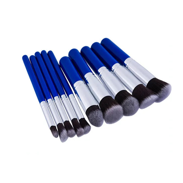10-piece makeup brush set with nylon bristles, wooden handles, blue silver mini design, thick and thin sizes, and OPP bag.