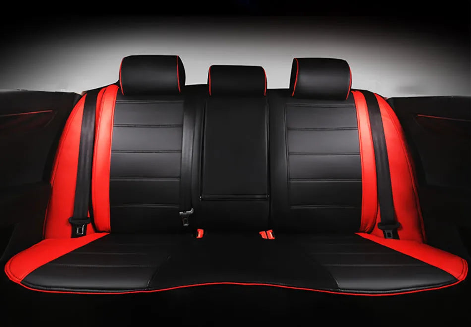 Cow leather car seat cover in binding style, shown in beige and black with red accent colour options