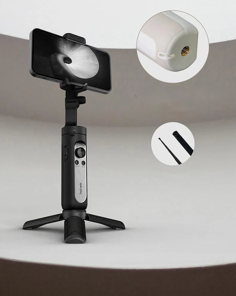 Black 3-axis smartphone stabilizer folded to 179mm size with USB port visible