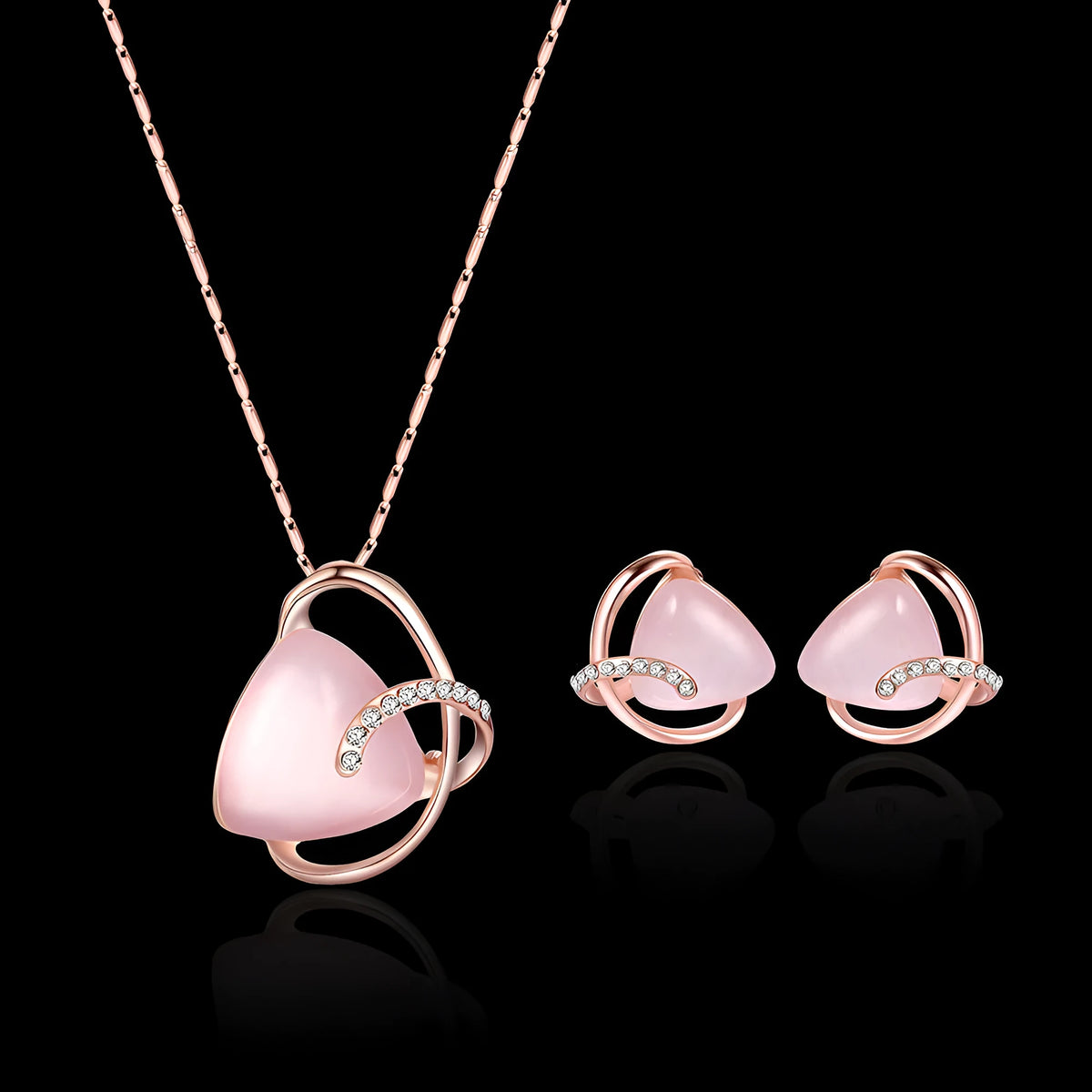 Rose gold alloy necklace and earrings two piece set with pendant and inlaid gems for bridal party