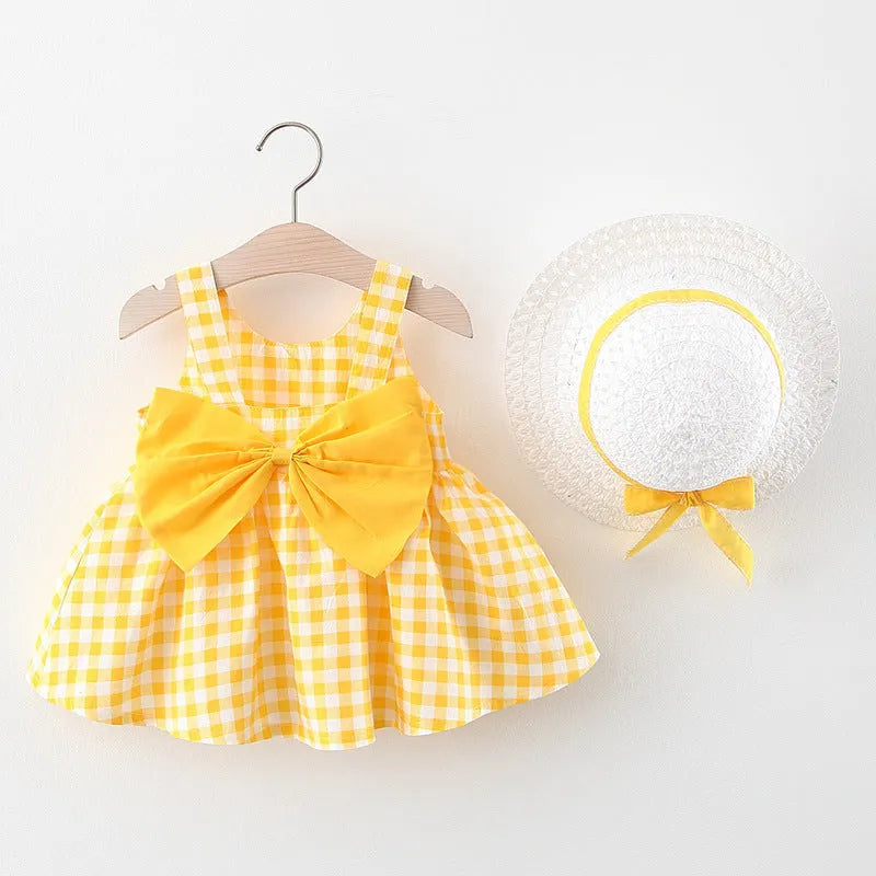 Baby girl plaid skirt in pink with free matching straw hat, 90 percent cotton