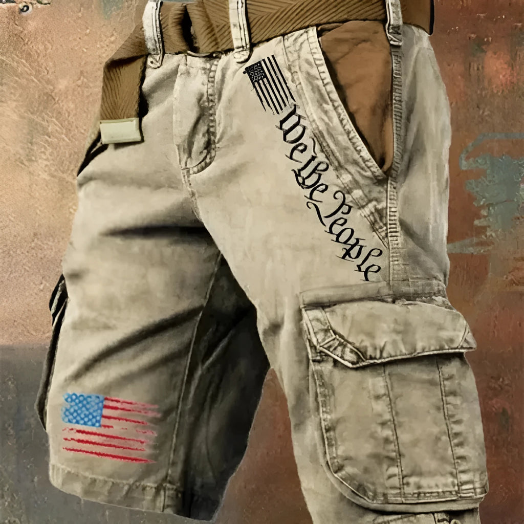 Men's khaki loose fit fifth pants with multiple utility pockets and mid waist design