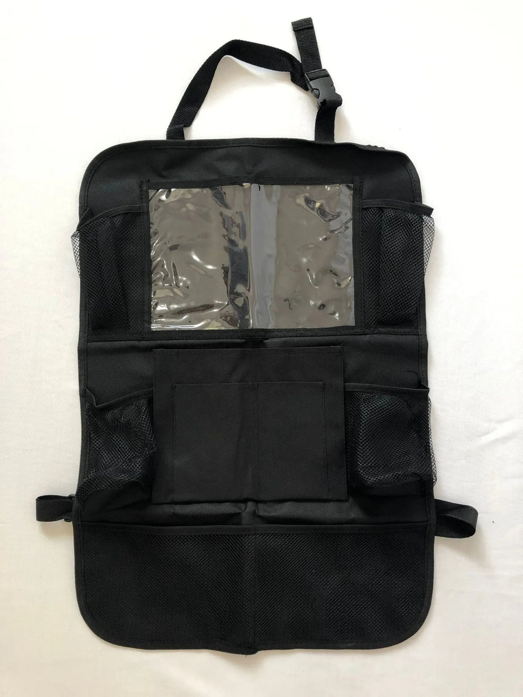Black car seat back storage pouch with 9 bags and touch screen iPad holder, 61x41cm, 600D Oxford cloth