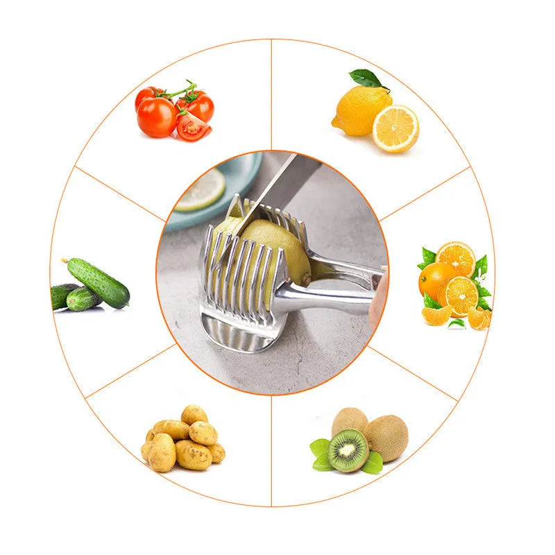 Silver plastic foldable lemon and fruit slicer kitchen gadget shown open for use