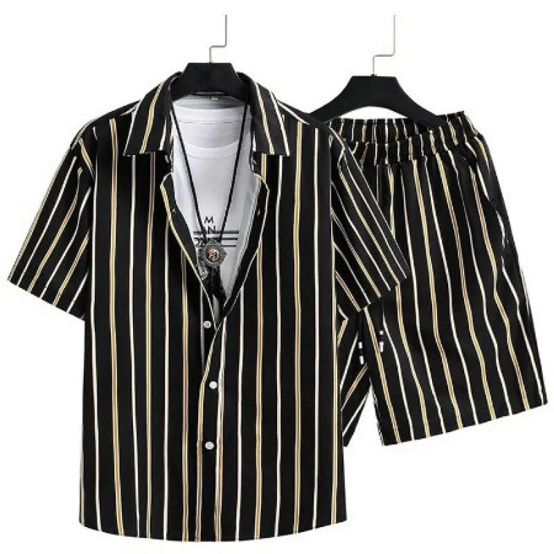 Men's digital print short sleeve shirt and matching shorts in elastic polyester fabric