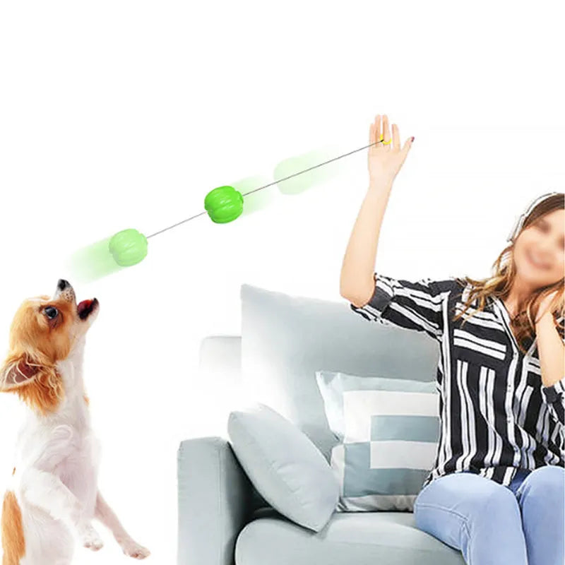 Pumpkin-shaped orange dog chew ball with squeaker for small dogs on a wooden floor.
