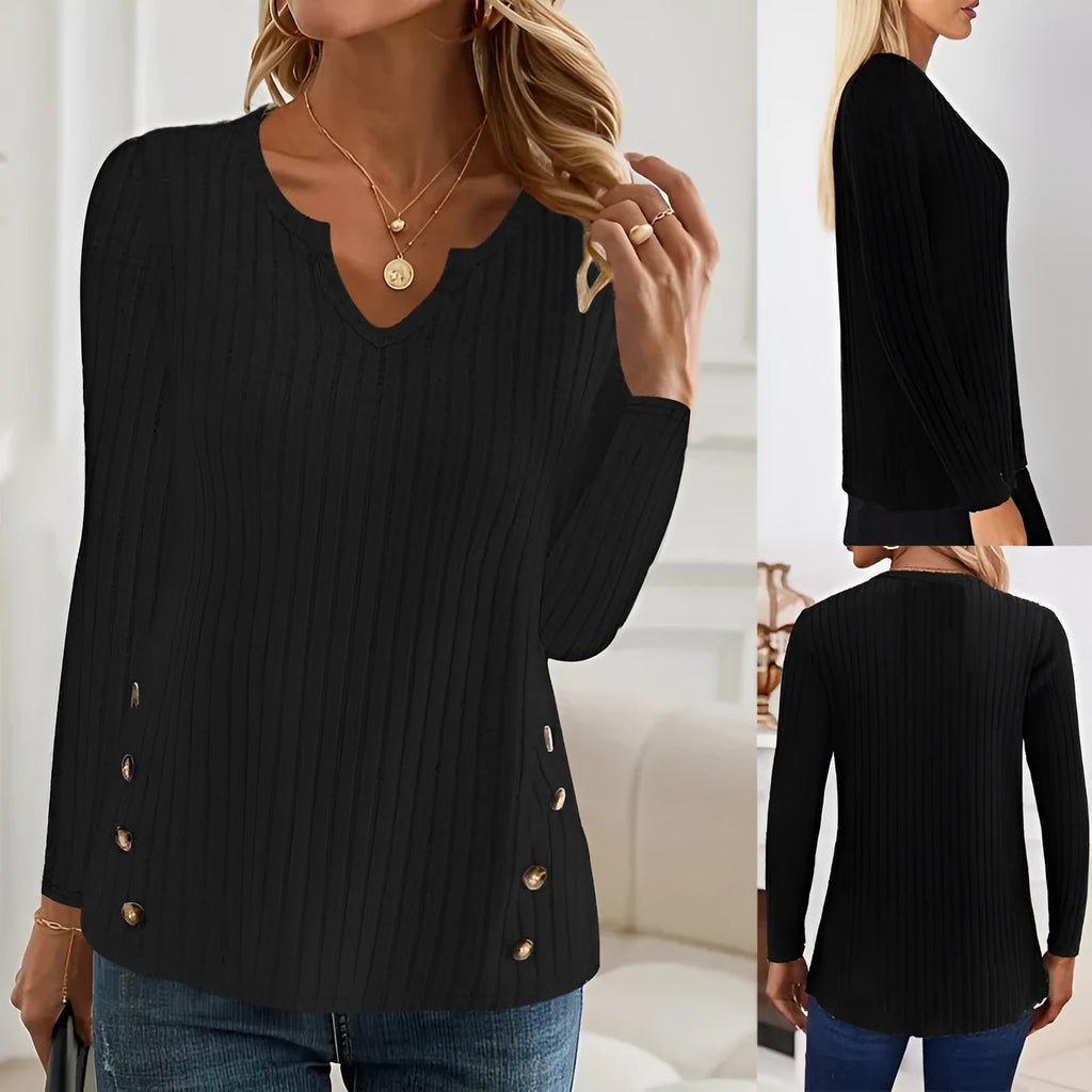 Simple solid colour knitted button sweater in black or grey green with regular sleeves