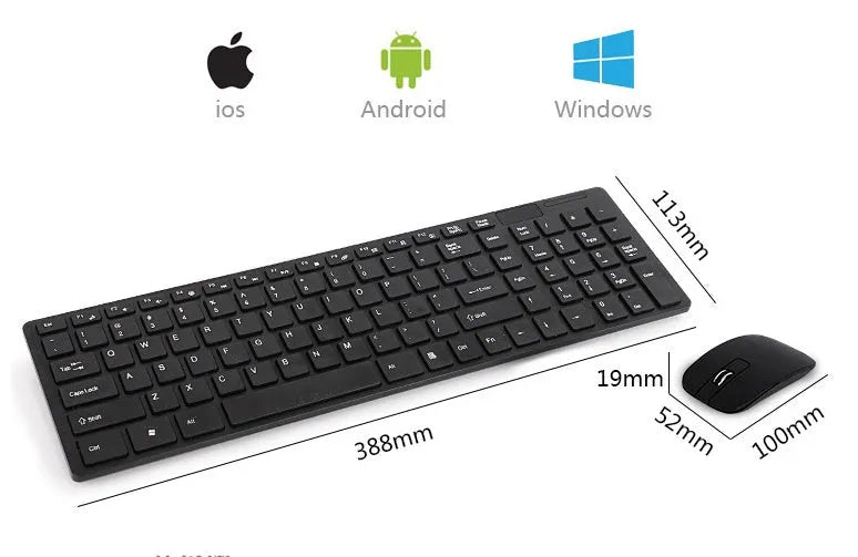 HK-06 wireless keyboard and mouse set in black or white, 2.4GHz with shared USB receiver, keyboard 38.5cm wide, mouse 600-1200 DPI.