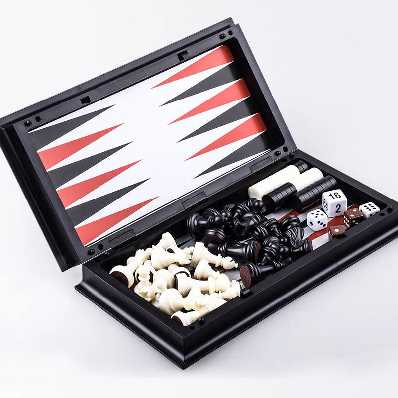 Three-in-one magnetic chess checkers backgammon set with plastic board and ABS pieces