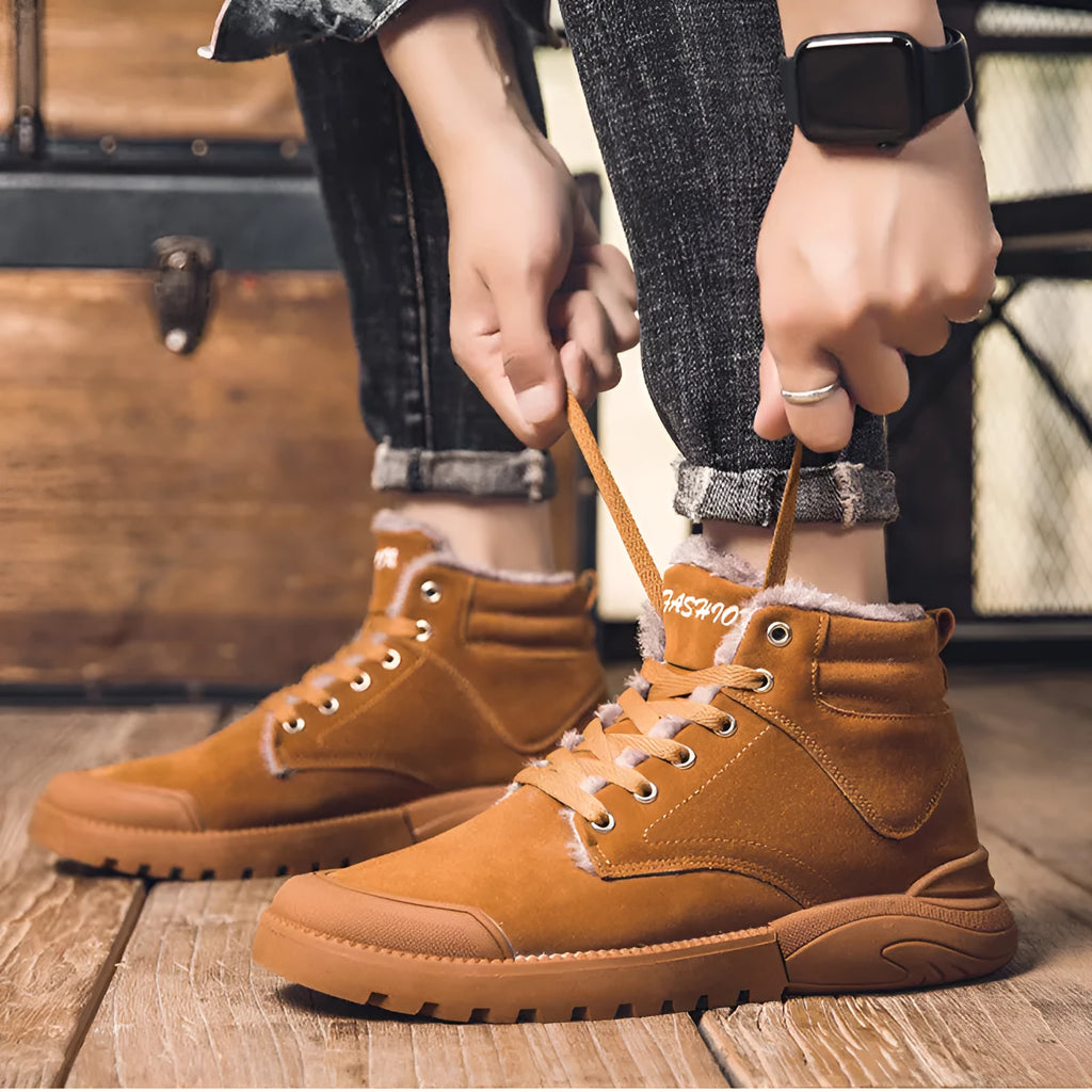 Men's winter ankle boots in matte suede with plush lining, rubber sole, and front tie closure