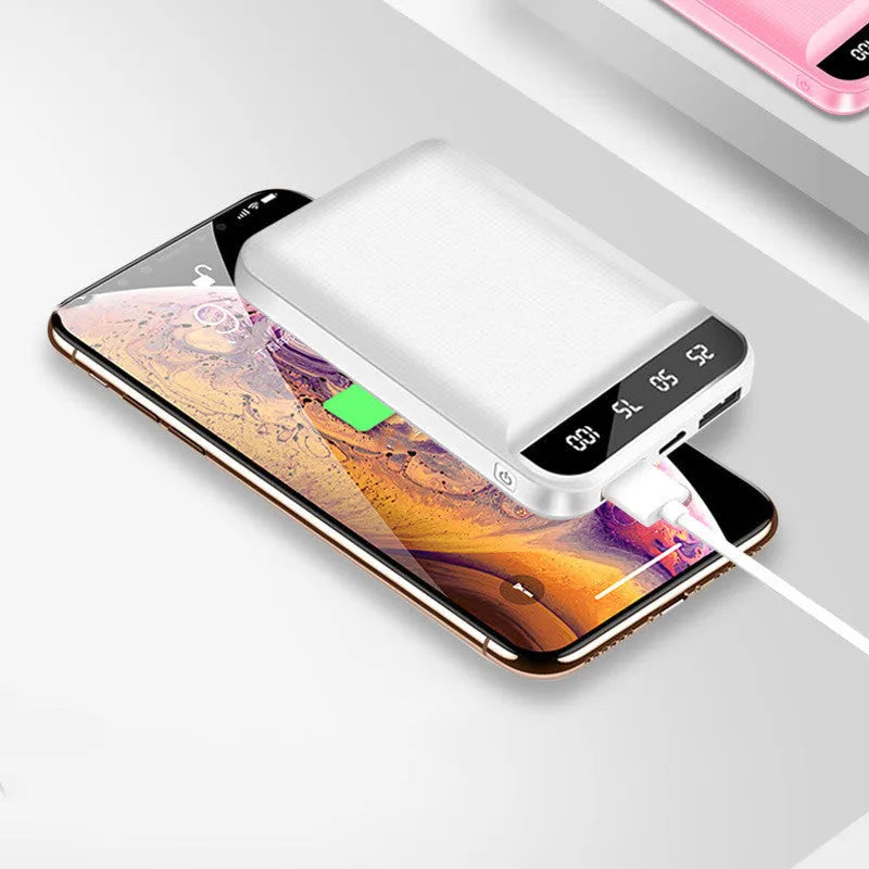 Mini power bank in black, blue, pink, or white with polymer lithium-ion battery and multiple USB ports