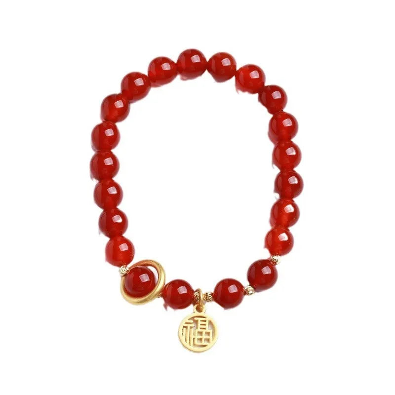 Natural red agate bracelet with woven construction and blessing card