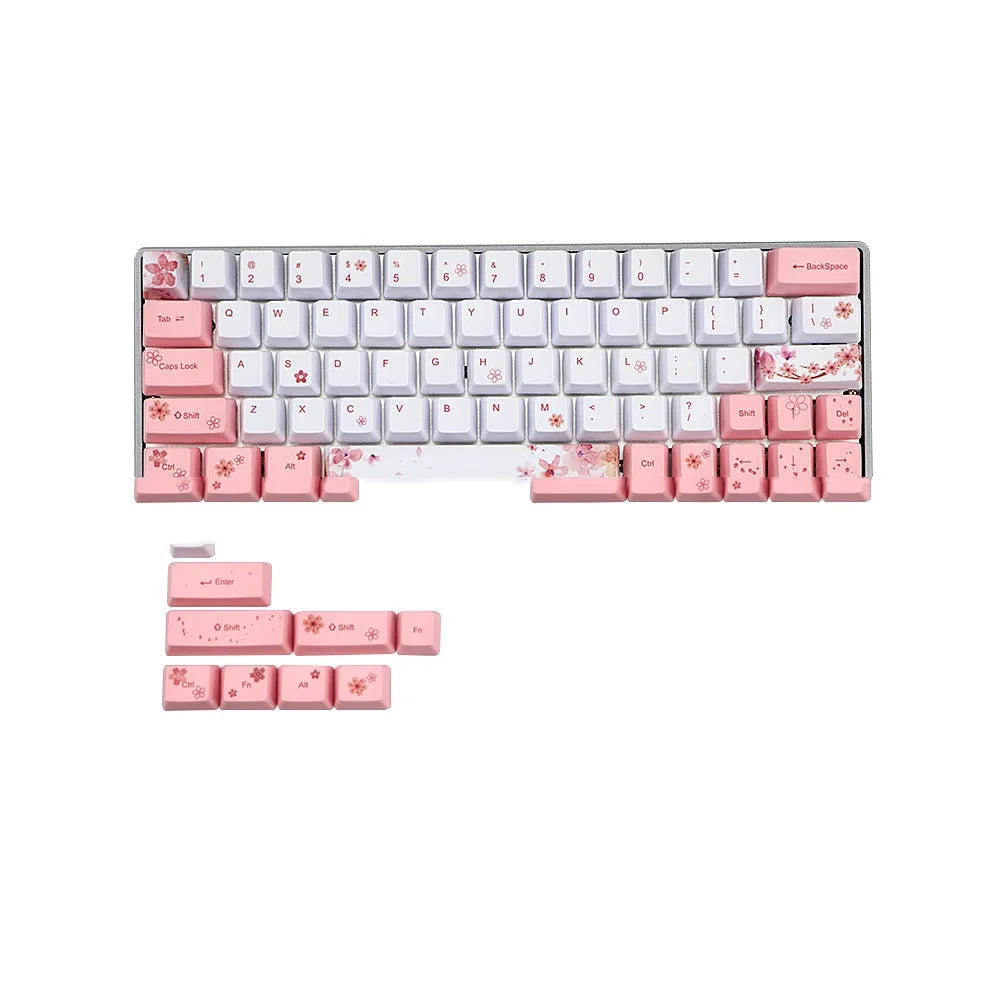 Pink PBT mechanical keyboard keycaps with white dye-sublimation legends on black background