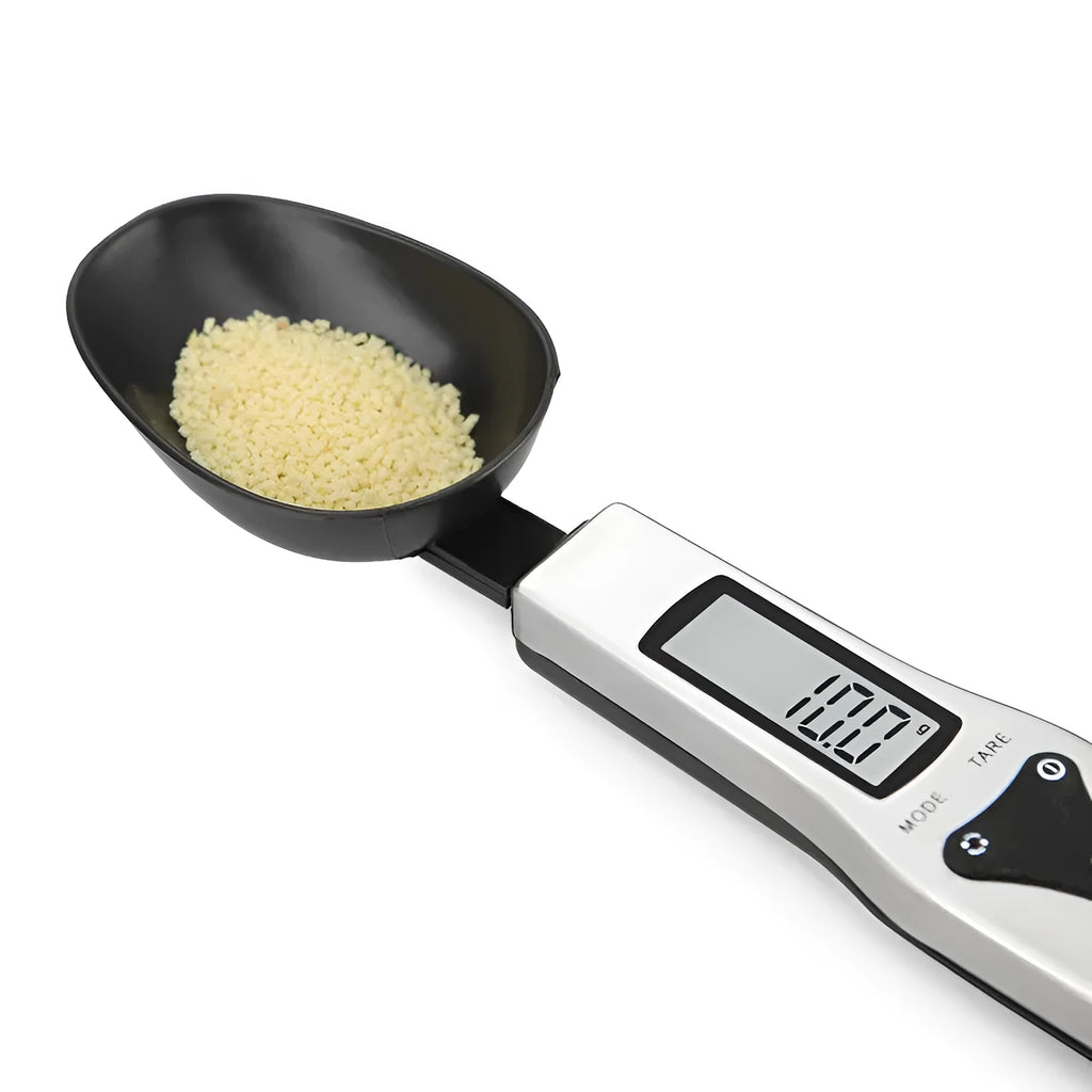 Smart digital measuring spoon kitchen scale with LCD display showing weight measurement