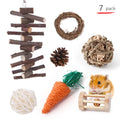 Assorted wooden chew toys and natural material sets for pet rabbits, guinea pigs, and parrots