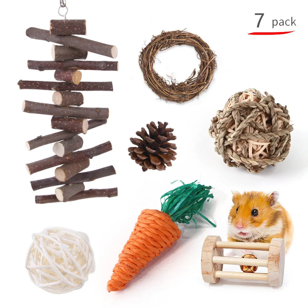 Assorted wooden chew toys and natural material sets for pet rabbits, guinea pigs, and parrots