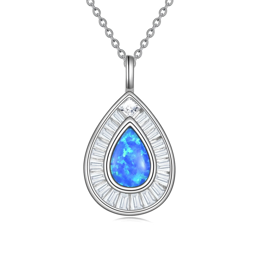 Sterling silver blue opal teardrop necklace with Austrian crystal on white gold plated chain