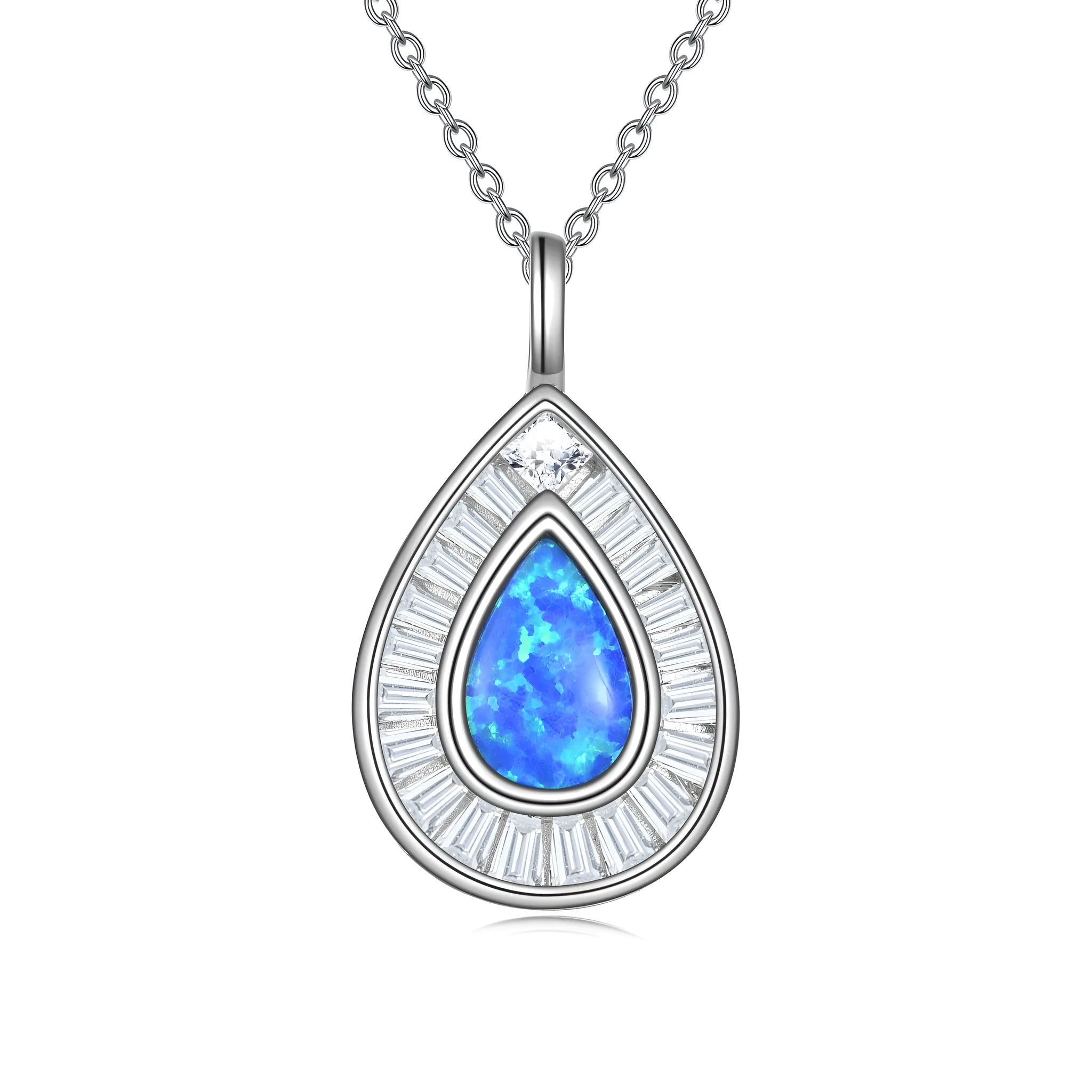 Sterling silver blue opal teardrop necklace with Austrian crystal on white gold plated chain