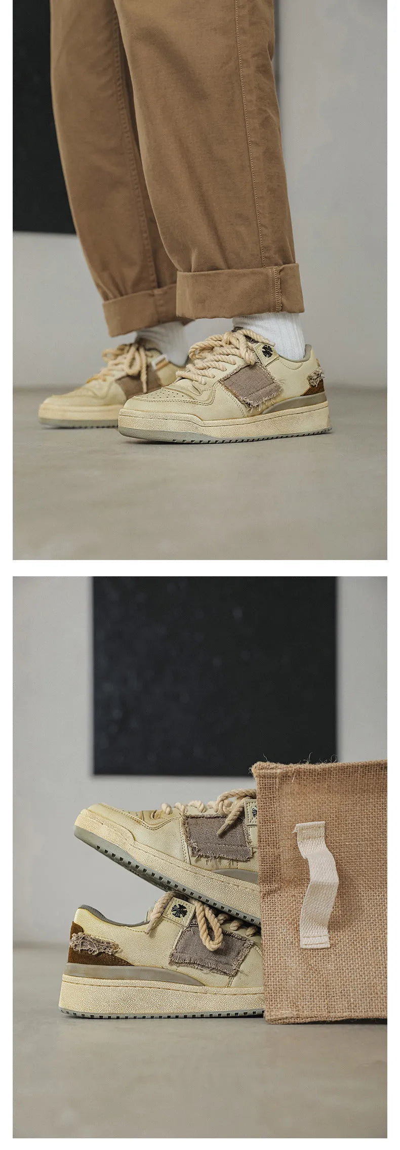 Beige low-top skateboard shoes with vintage patch design and rubber sole
