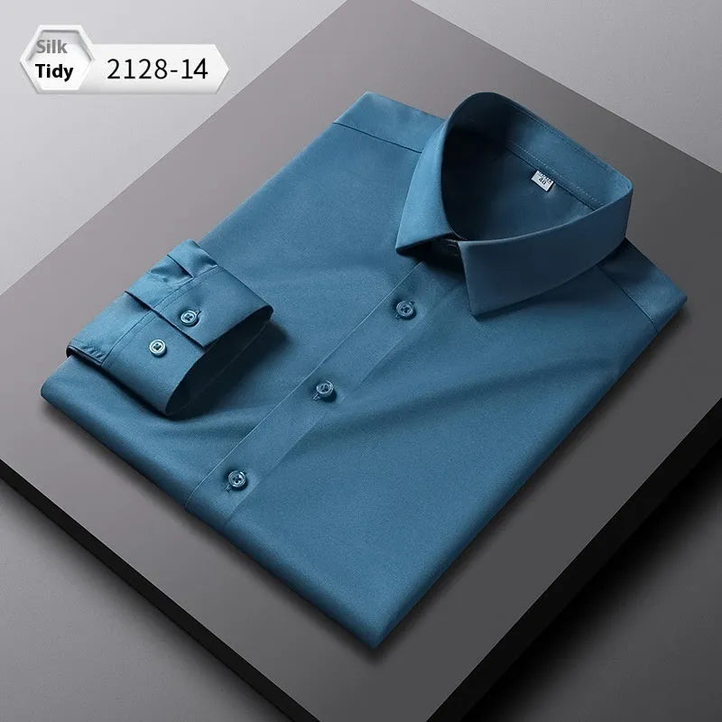 Men's solid colour long-sleeved shirt in elastic silk polyester fabric with non-ironing properties