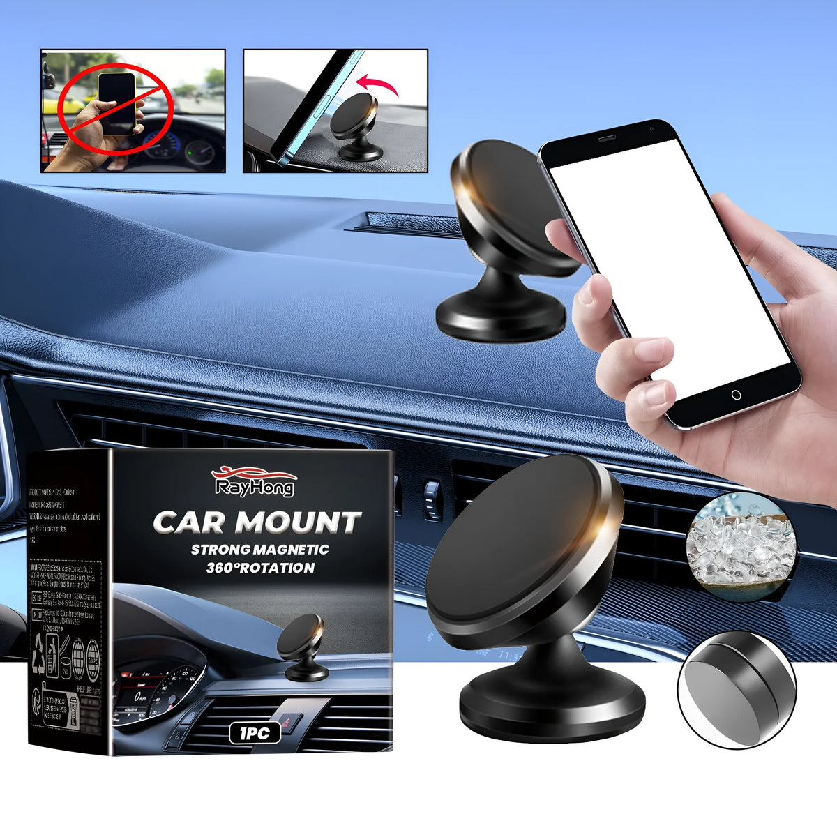 Magnetic car foldable phone holder in black ABS plastic, 3.2x3.5cm, shown on a dashboard