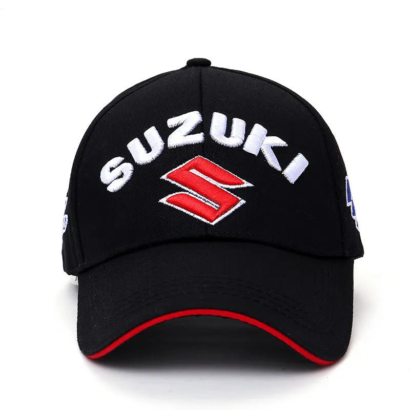 Embroidered cotton motorcycle baseball cap in black, front view, showing embroidered motif on crown