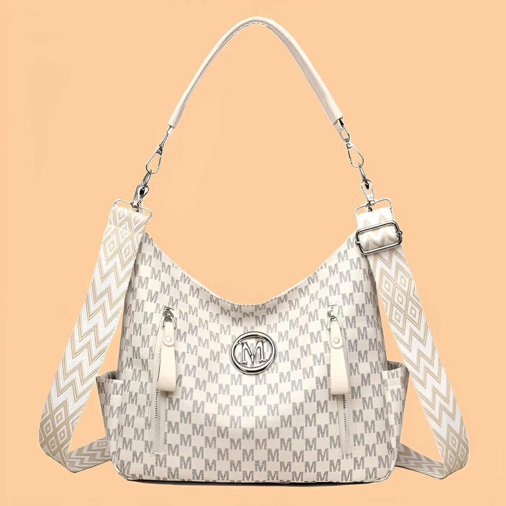 Retro simple printed PU leather shoulder messenger bag with sandwich pocket design and double connector straps