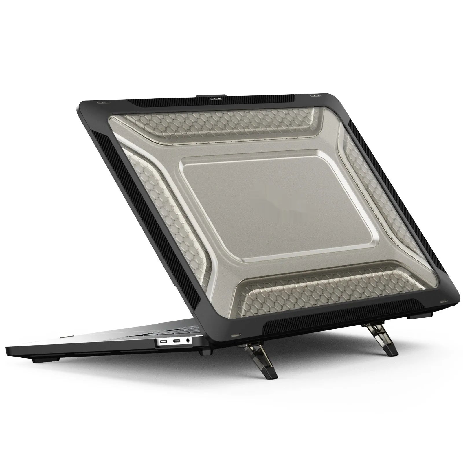 MacBook hard shell protective case in four colours: black, grey, apricot, and blue, shown on a laptop.