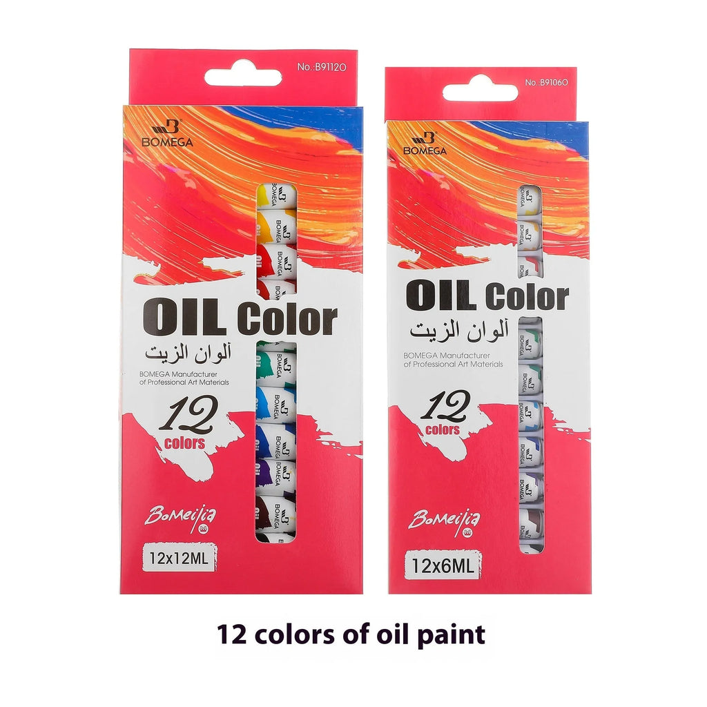 Artists' paint set showing twelve colour tubes organised in strips for acrylic, gouache, watercolour, and oil painting