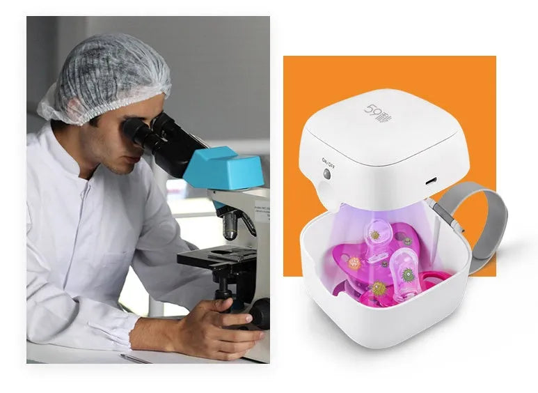 White baby pacifier UV disinfection box with lid closed, 9.5cm diameter