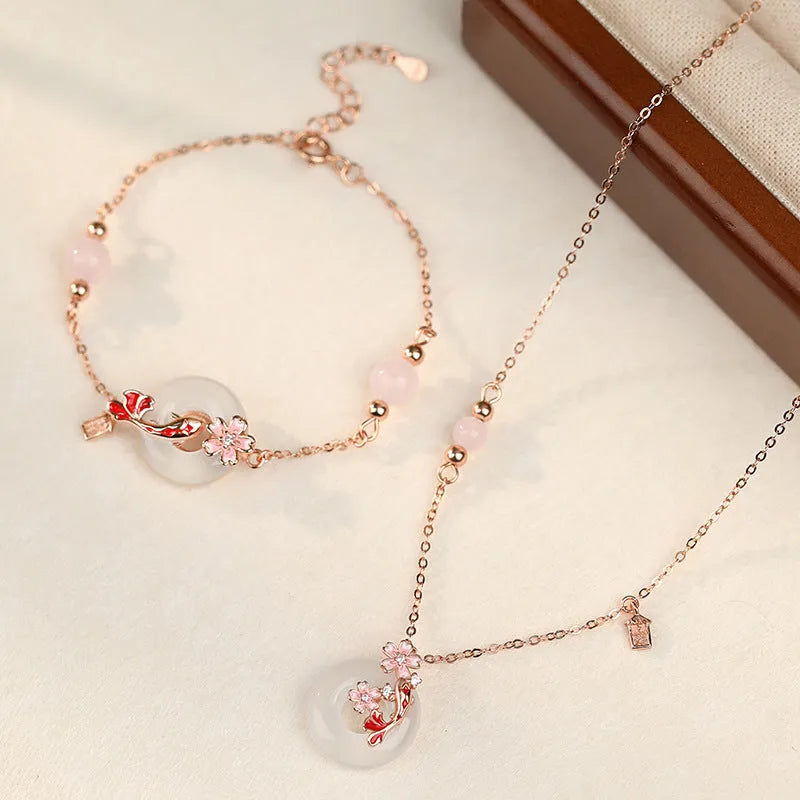 S925 sterling silver new Chinese style bracelet with floral design, white chalcedony crystals and koi details
