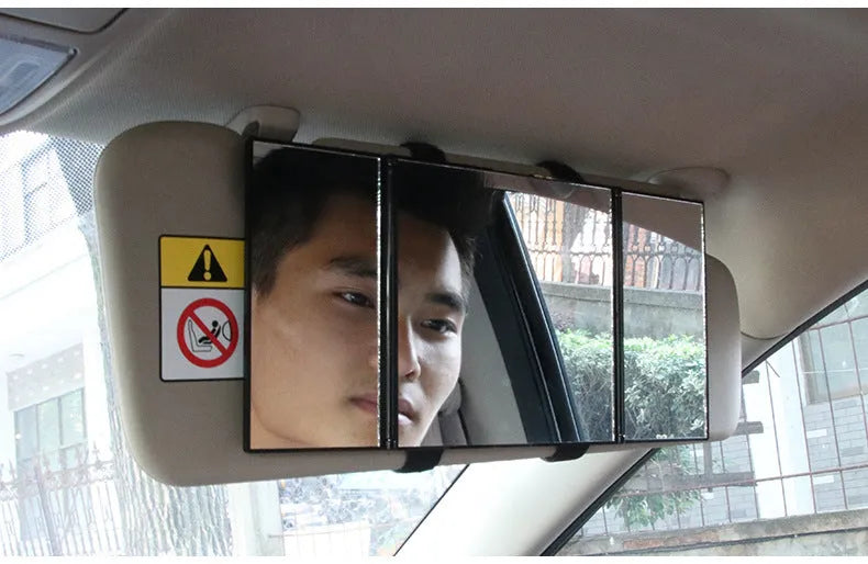 Silver car folding makeup mirror showing folded and opened positions with ABS frame and glass mirror