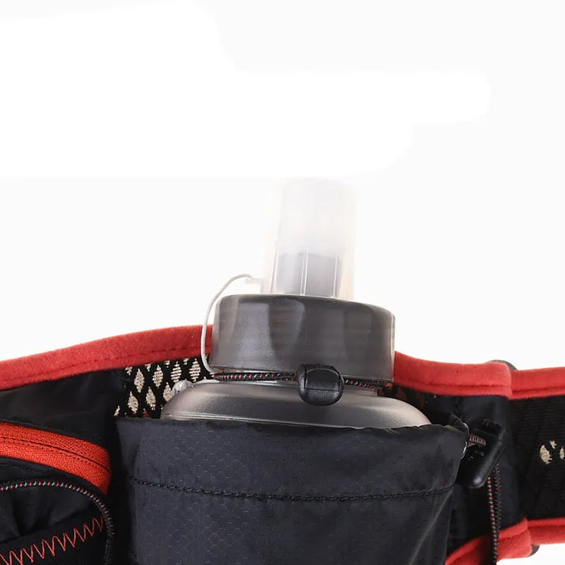 Leisure sports belt waist bag holding a 500ml bottle, available in Black Blue and Black Red, sizes L and XL.