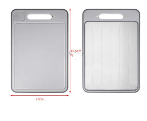 Grey square aluminium cutting board with double-sided design showing cutting surface and grinding teeth