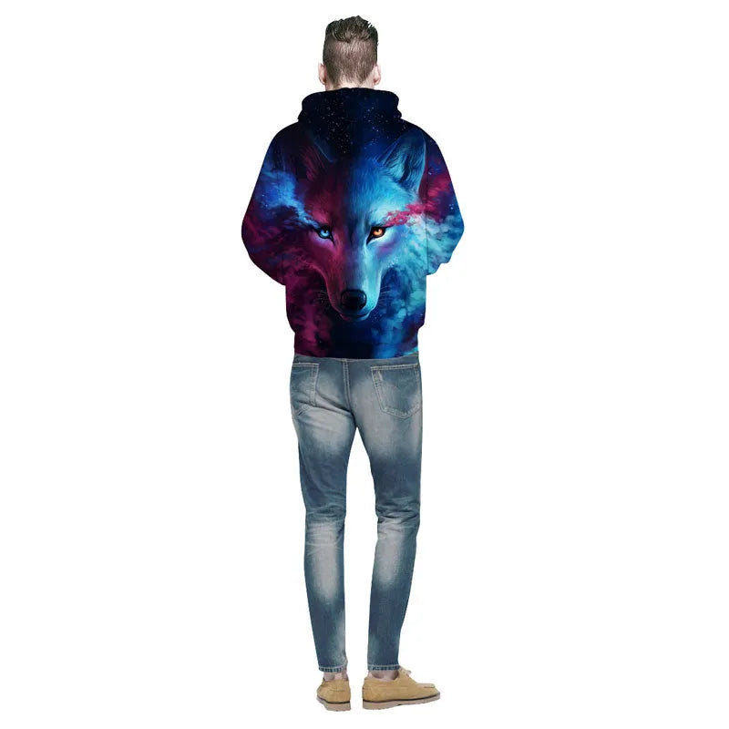 Men and women wearing a galaxy wolf print sweatshirt, long sleeve unisex pullover in black with starry space design
