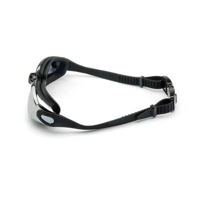 Classic style silicone swimming goggles with anti-fog PC lens on a blue background