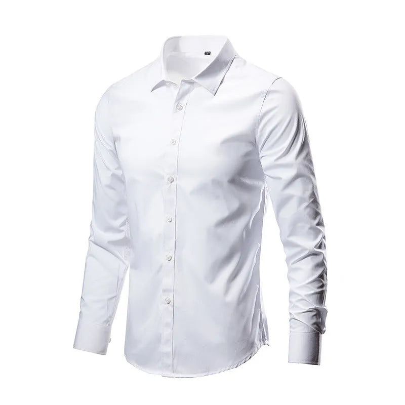 Long-sleeve linen shirt in a slim loose fit on a hanger, shown in a navy blue colour.