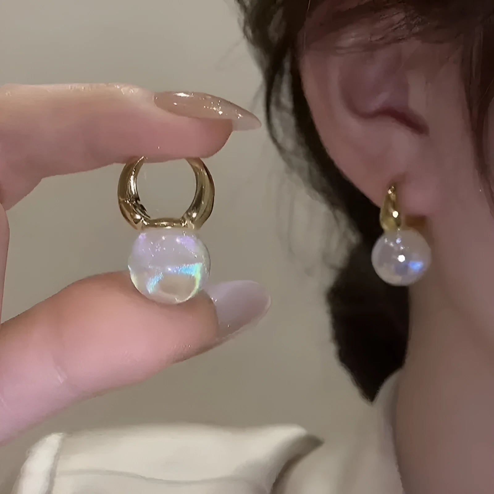 14K gold plated copper mermaid pearl clip-on earrings white U-shape for women