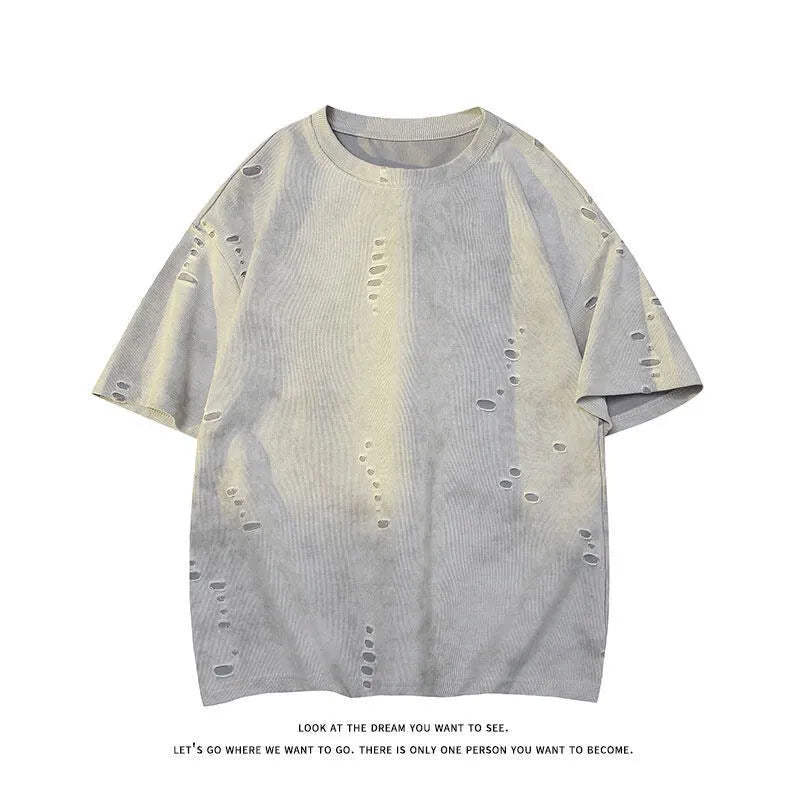 Men's grey cotton blend loose T-shirt with ripped American leisure style details