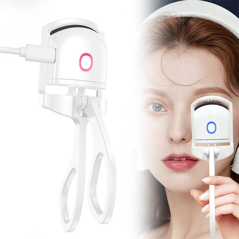 White heated eyelash curler with USB charging cable and two temperature modes, compact 41 x 65 x 130mm size