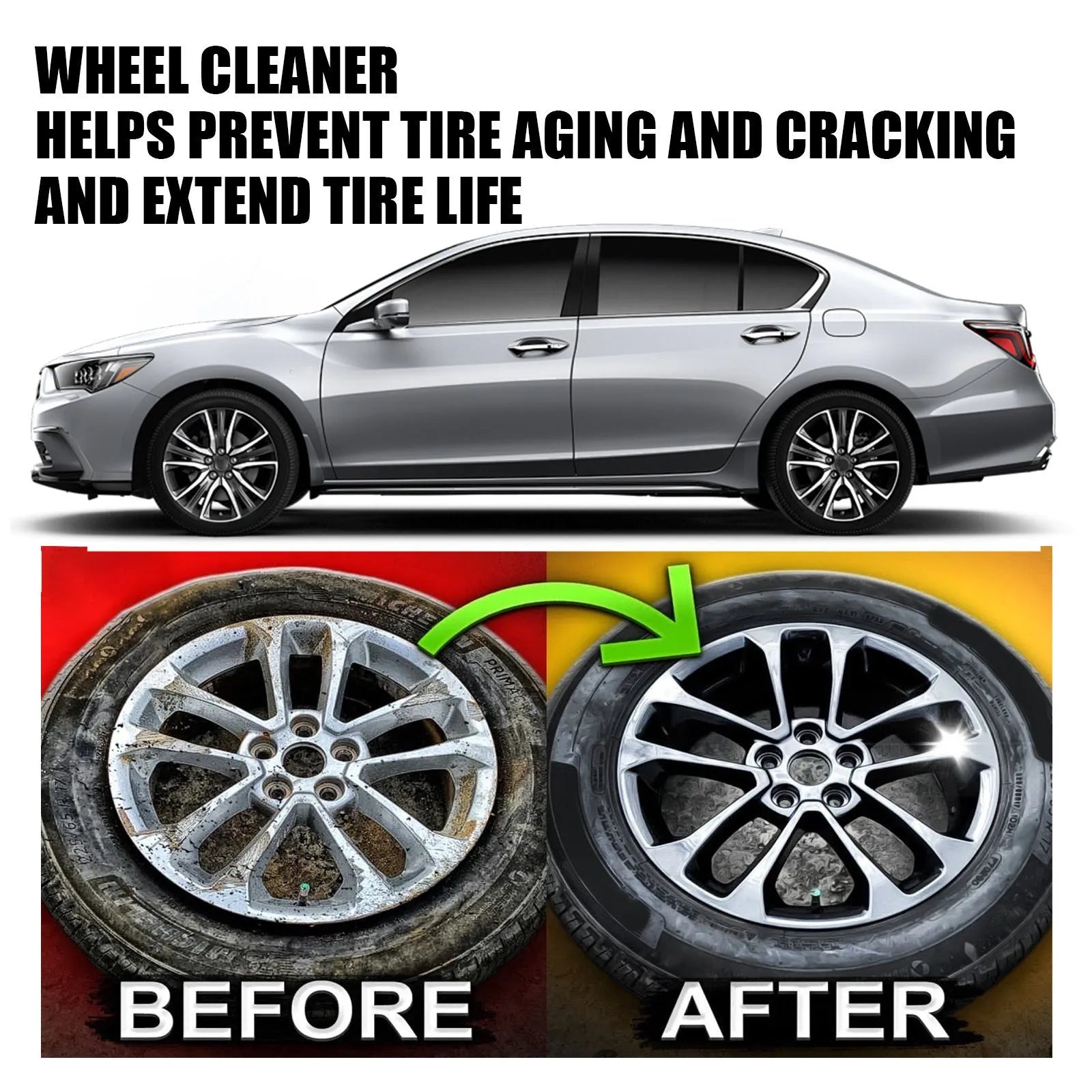 Car tyre cleaner spray bottle and microfibre towel for waterless alloy wheel cleaning