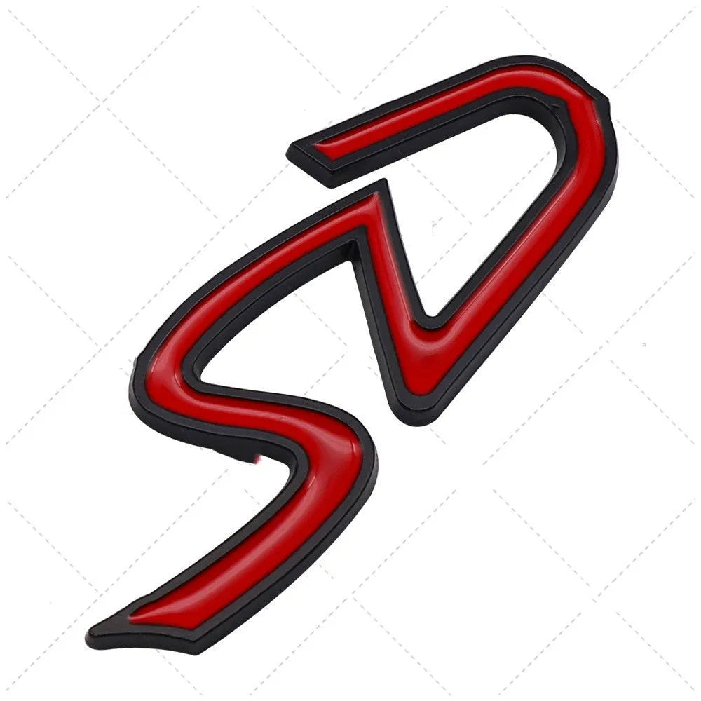 Red and silver metal SD size car bumper sticker label for vehicle modification.