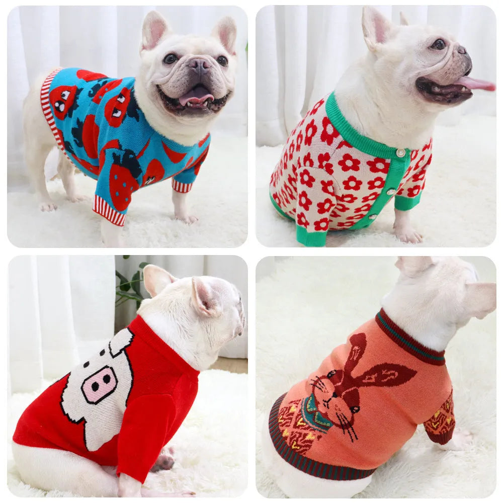 Cartoon rabbit design dog jumper with button front in wool blend material.