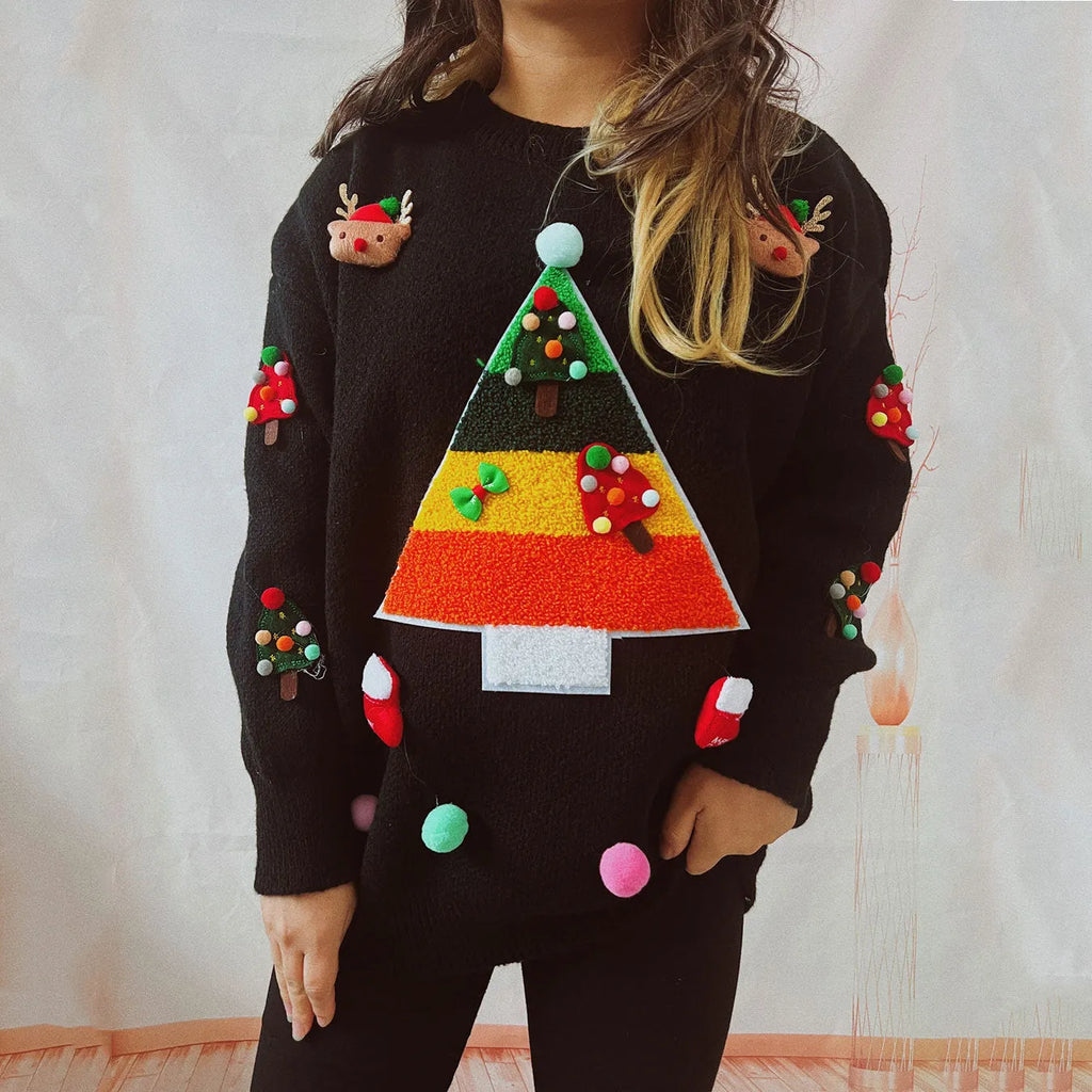 Christmas pattern loose fit round neck pullover sweater in red green black polyester knit