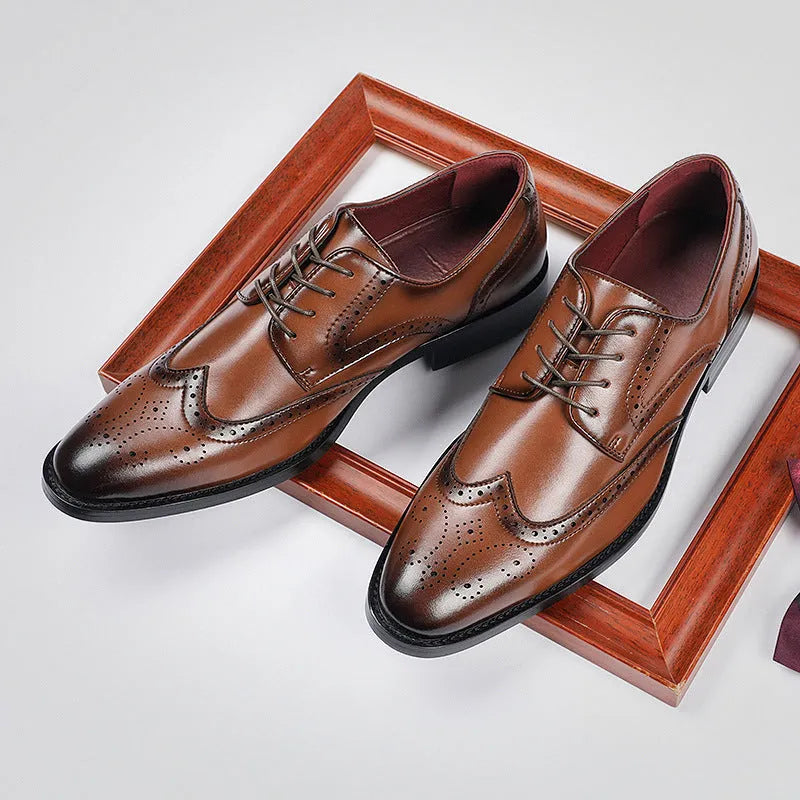 Genuine leather lace up block carved shoe in dark brown with composite sole