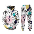 Men's 3D printed sports hoodie set with matching loose fit pants in black, front view