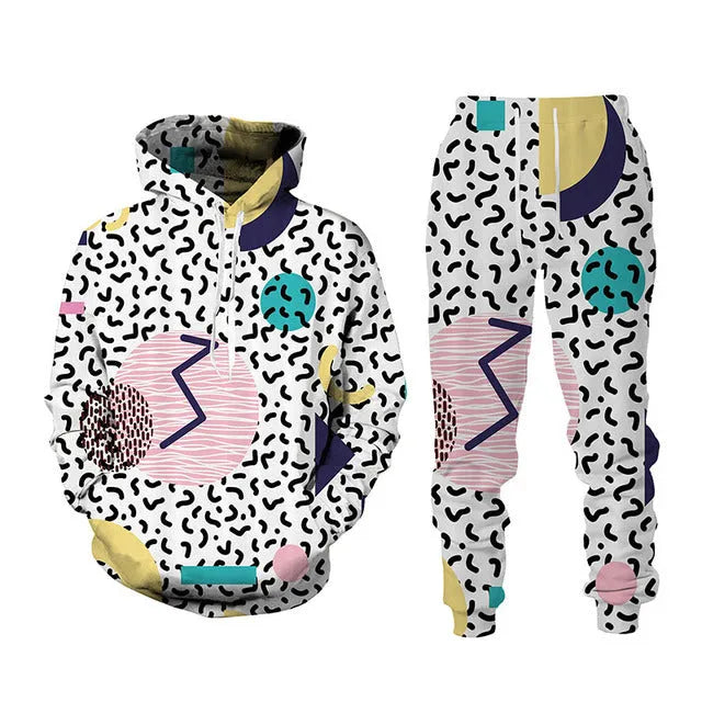 Men's 3D printed sports hoodie set with matching loose fit pants in black, front view