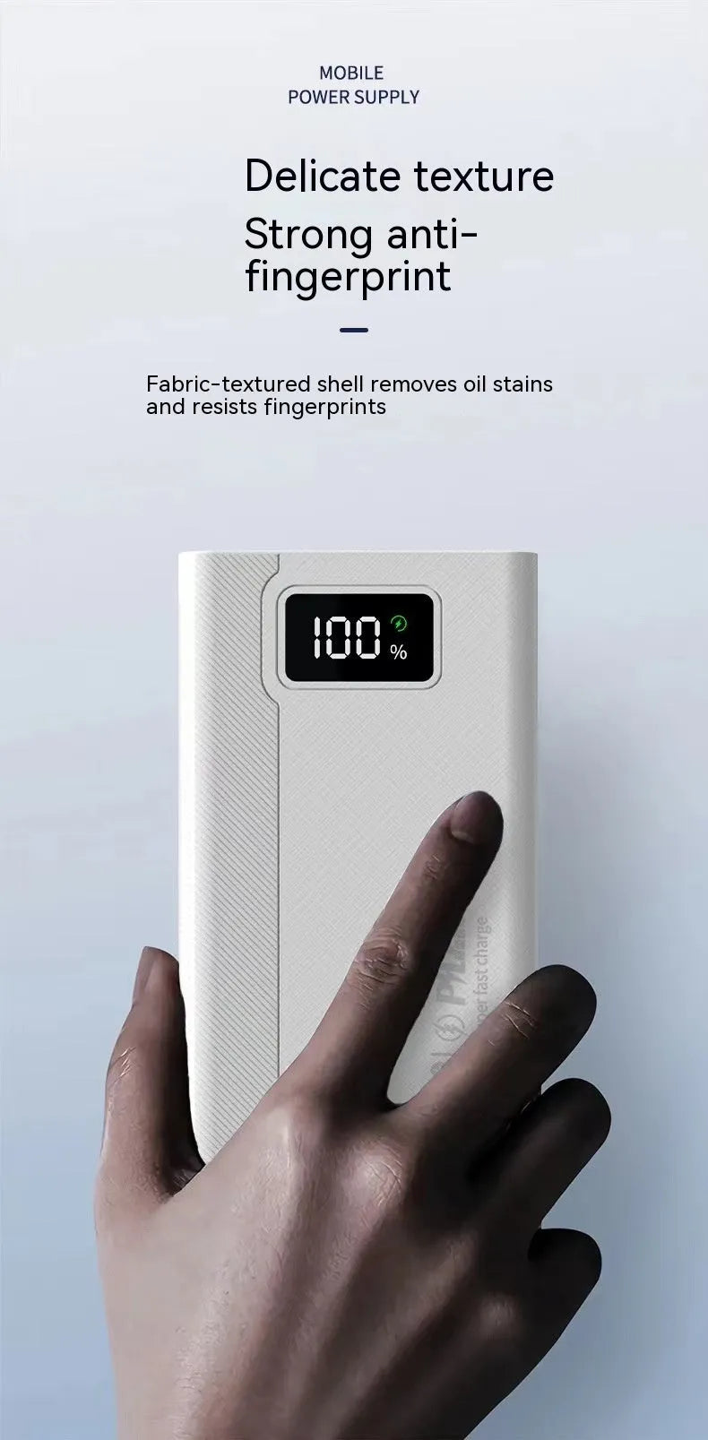 Black and white large capacity power bank showing front view with dimensions 150mm by 76mm